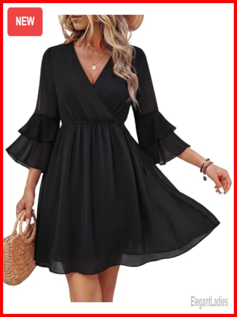 Womens 3/4 Ruffle Sleeve V Neck Flowy Chiffon Layered A-Line Dress